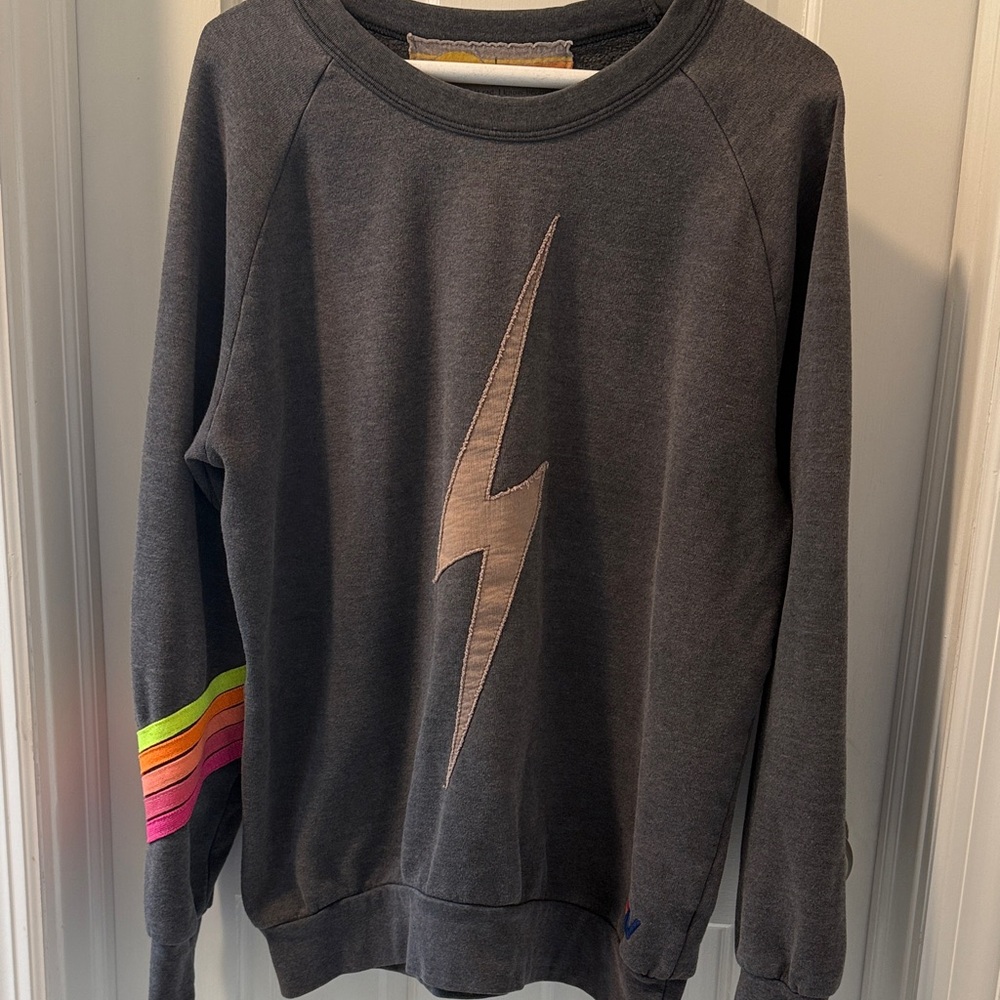 Aviator Nation Dark Gray Sweatshirt with Lightning and Rainbow Accents